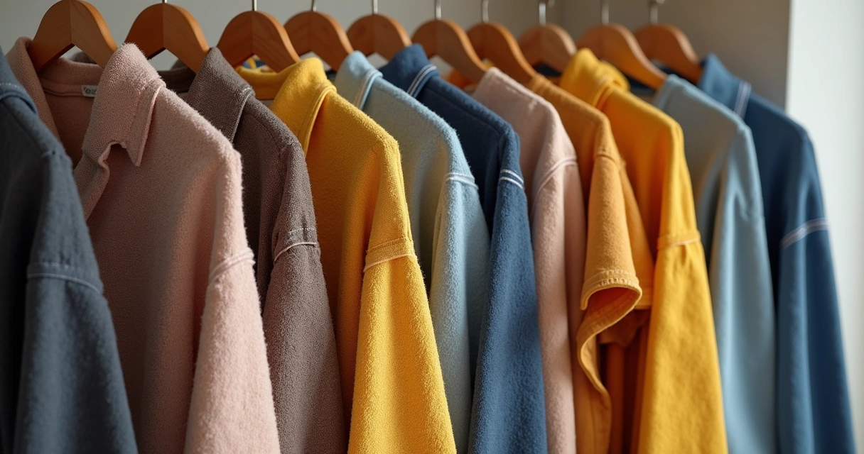Comparação entre roupas de brechó premium e peças de shopping expostas lado a lado 