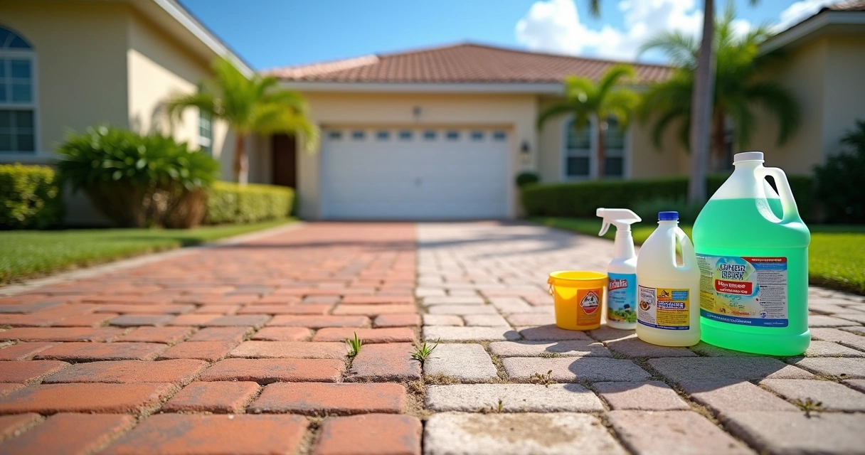 Damaged brick pavers in Orlando driveway with harsh cleaning chemicals nearby 