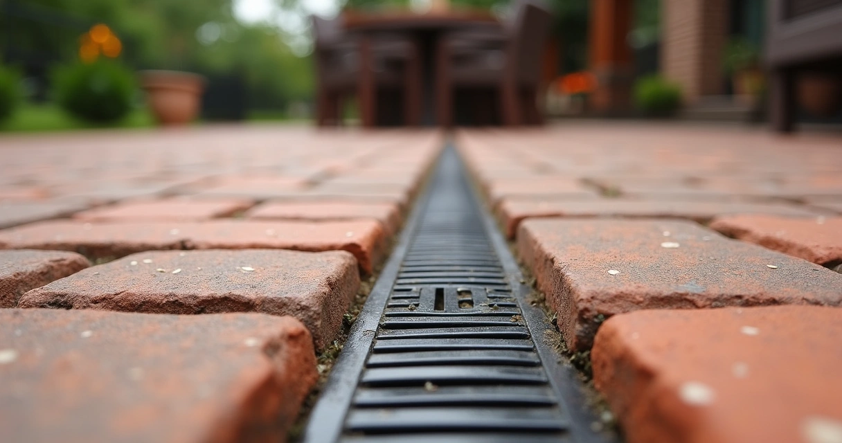 Detail of drainage system in brick paver outdoor kitchen 