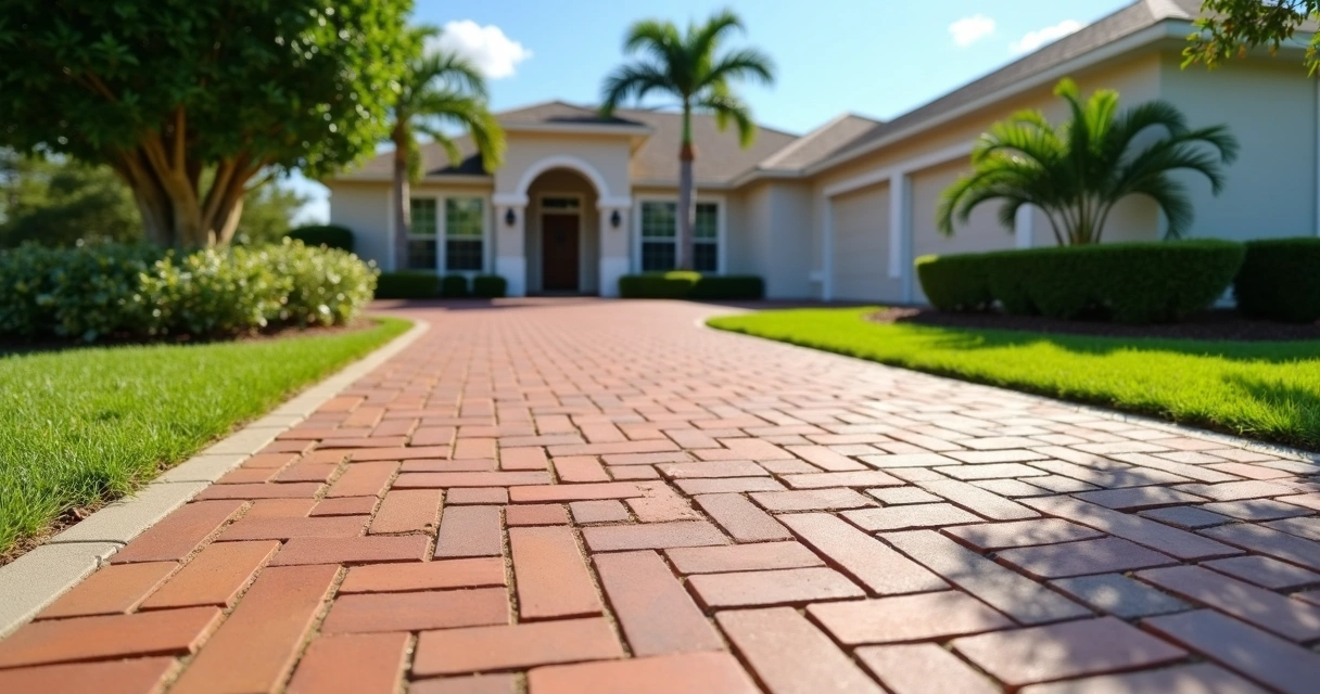 Well-laid brick paver driveway with clean joints and edging in sunny residential yard 