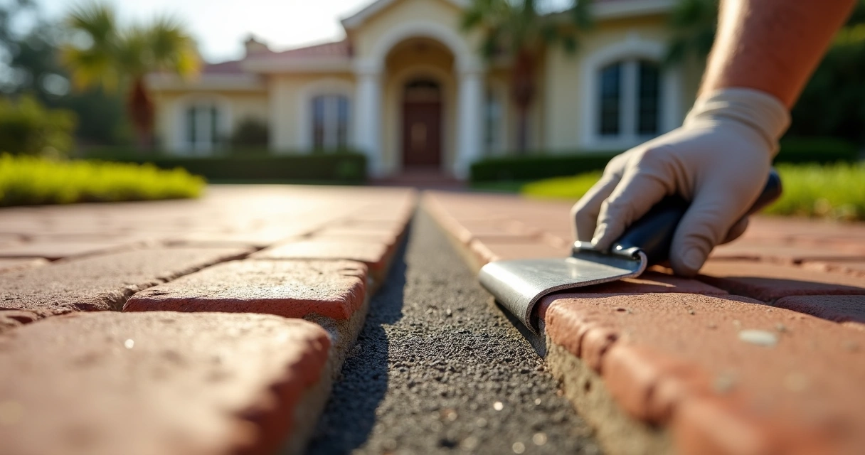 Close-up of brick paver walkway showing clean expansion gap and foam spacer 
