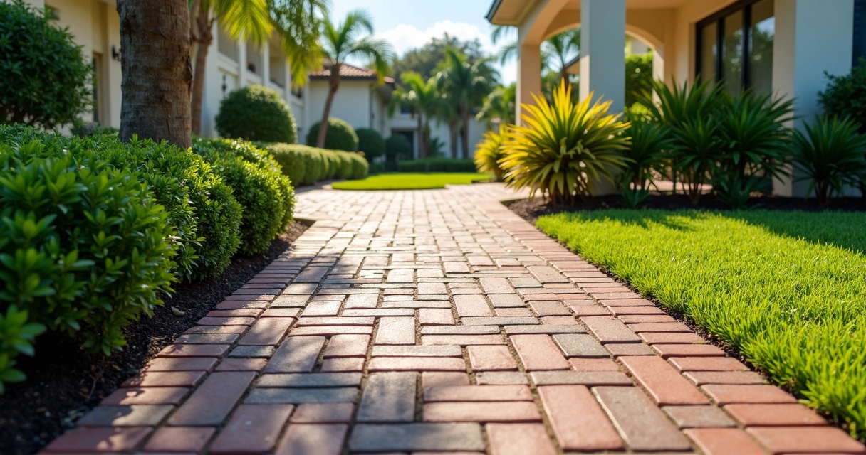 Close-up of newly installed brick paver walkway with distinct patterns and edge restraints in a lush Central Florida garden 