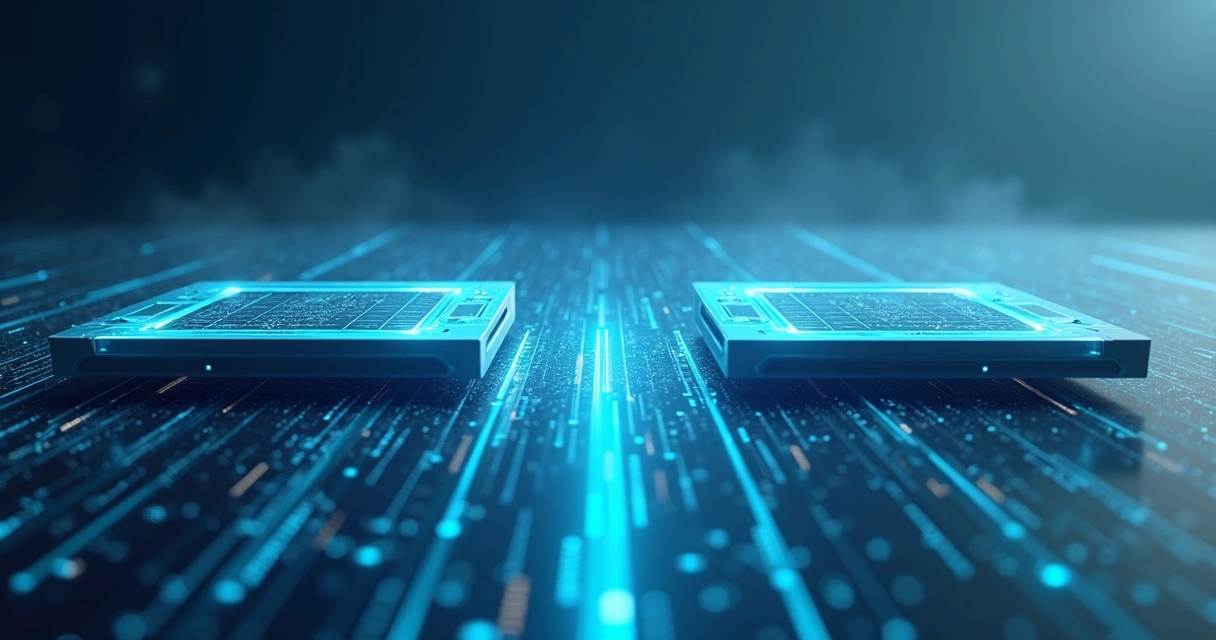 Digital bridge connecting two software platforms, viewed above 