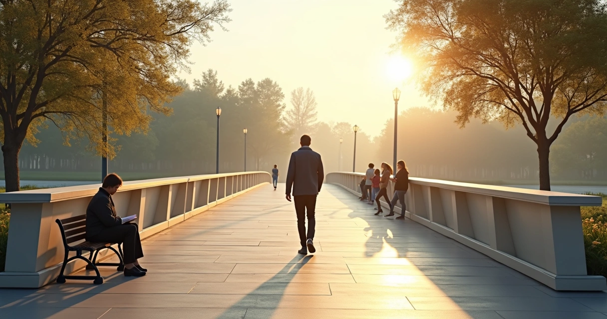 Person walking across a bridge between personal reflection and group collaboration