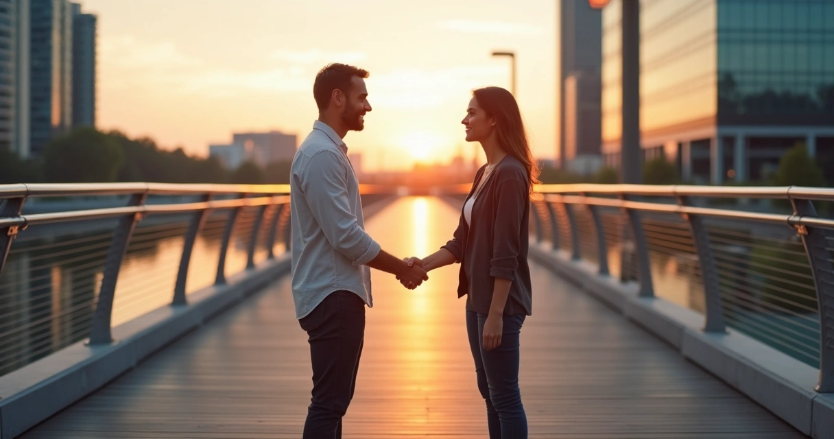 Two people reconnecting in a handshake at the center of a pedestrian bridge at sunset 