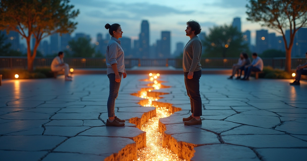 Two people standing on opposite sides of cracked ground linked by a luminous bridge of threads 