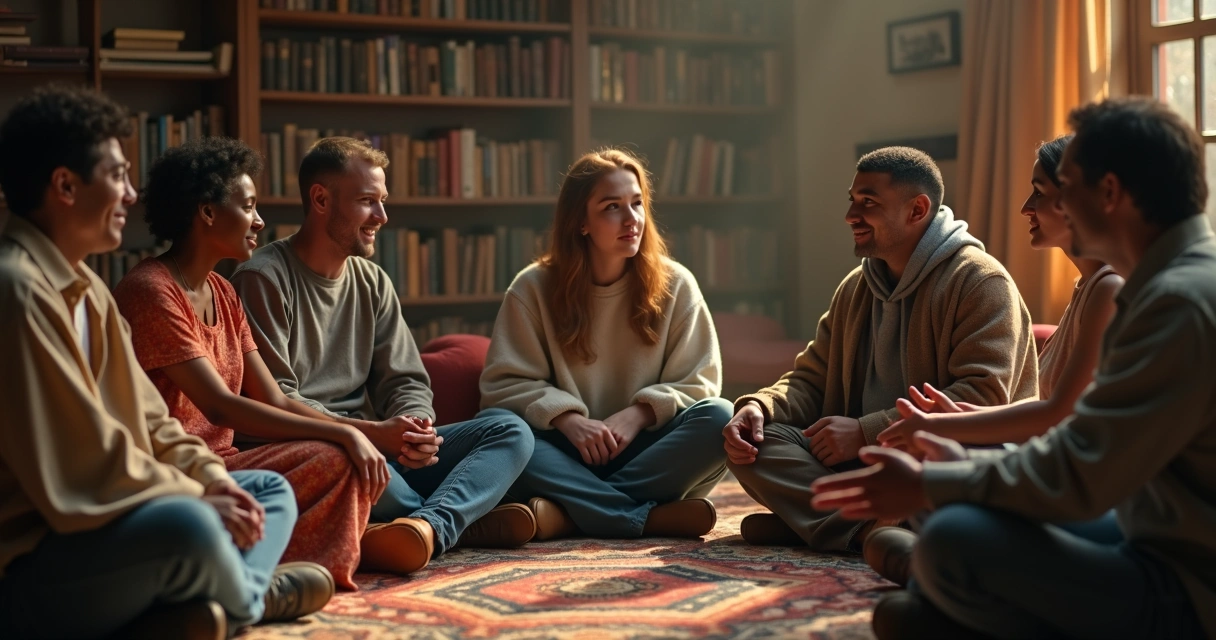 People sitting in a circle, talking and making eye contact. 