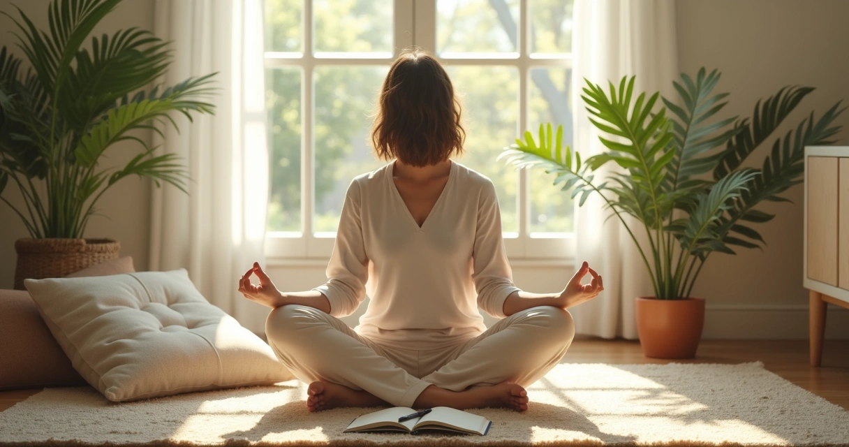 Person meditating in a sunlit corner, plants and notebooks nearby 