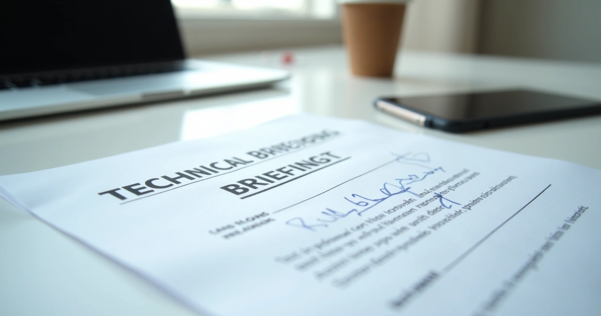 Documentos de briefing técnico de evento corporativo com marcações e assinatura caneta 