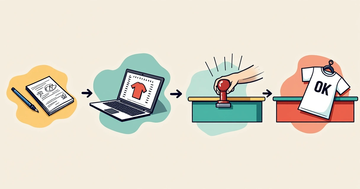 Sequência com briefing, arte digital, aprovação e camiseta pronta sobre bancada colorida 