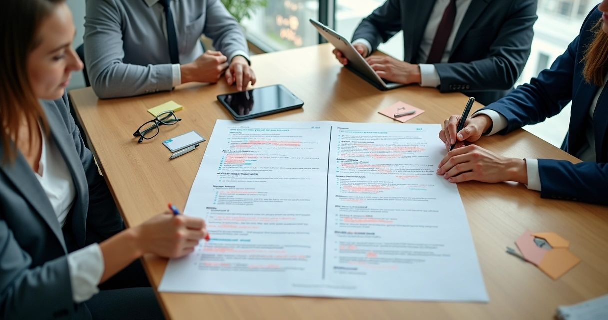 Gestor mostrando briefing de cliente impresso com anotações em mesa de reunião 