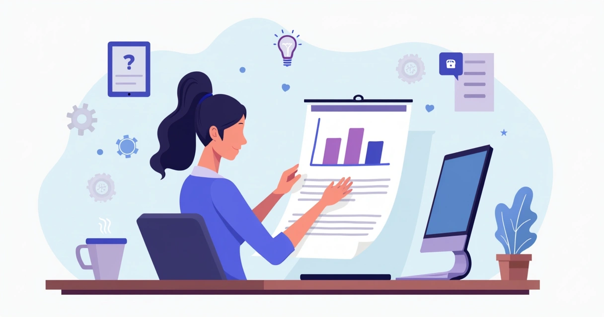 Ilustração corporativa flat de profissional preparando briefing de design digital com laptop, anotações e ícones tecnológicos ao fundo 