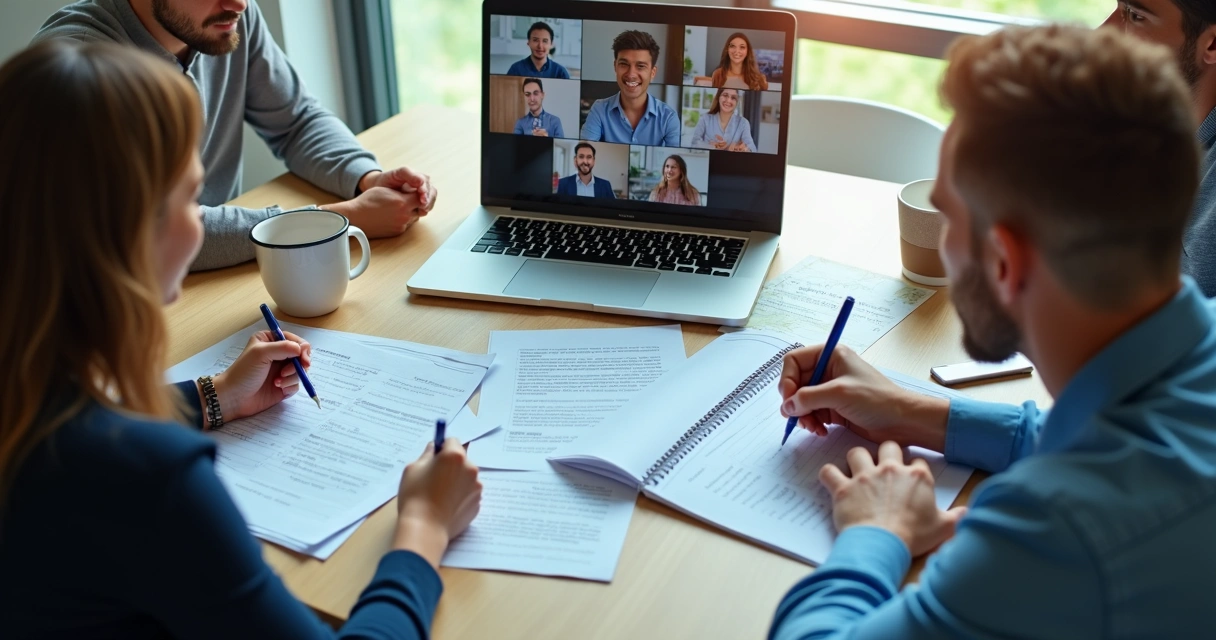 Pessoa em reunião online, analisando documentos e tomando notas 