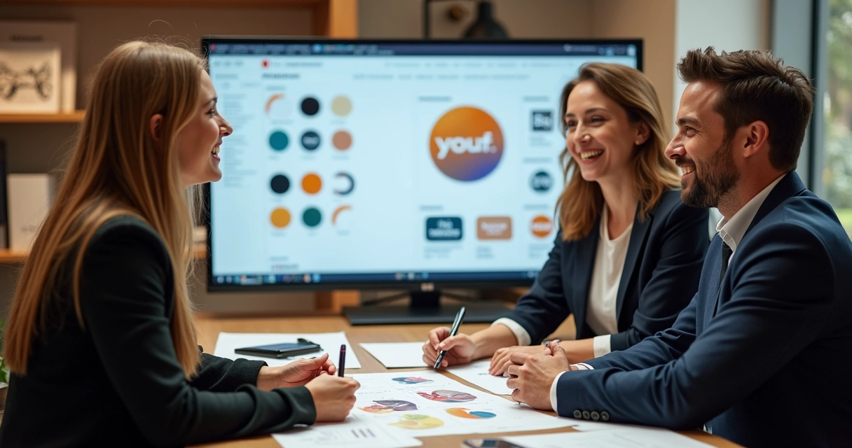 Designer apresentando moodboard de branding a clientes em reunião 