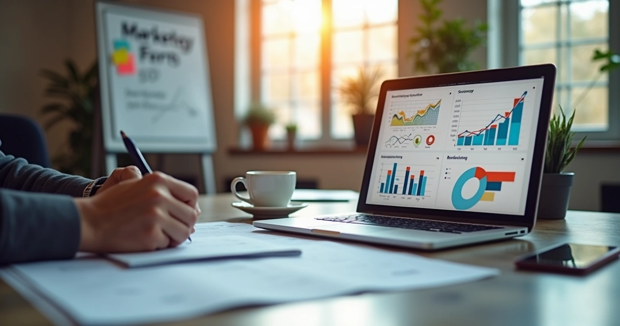 Pessoa escrevendo anotações em papel com laptop aberto em mesa organizada de escritório 