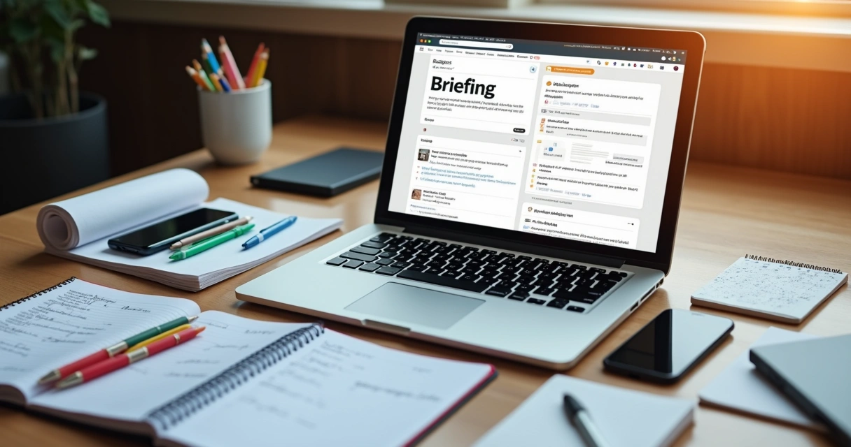 Mesa de trabalho organizada com laptop mostrando tela de criação de briefing para influencer, cadernos com anotações, canetas coloridas e smartphone ao lado 