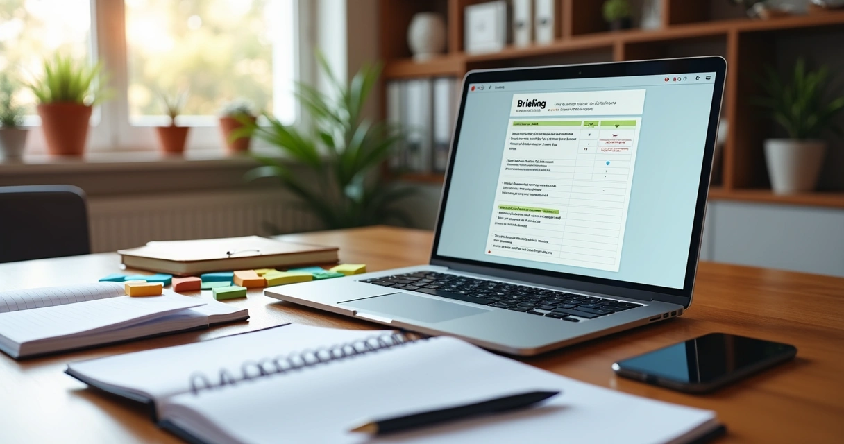 Mesa de escritório com laptop, planner aberto mostrando modelo de briefing, anotações e caneta ao lado 