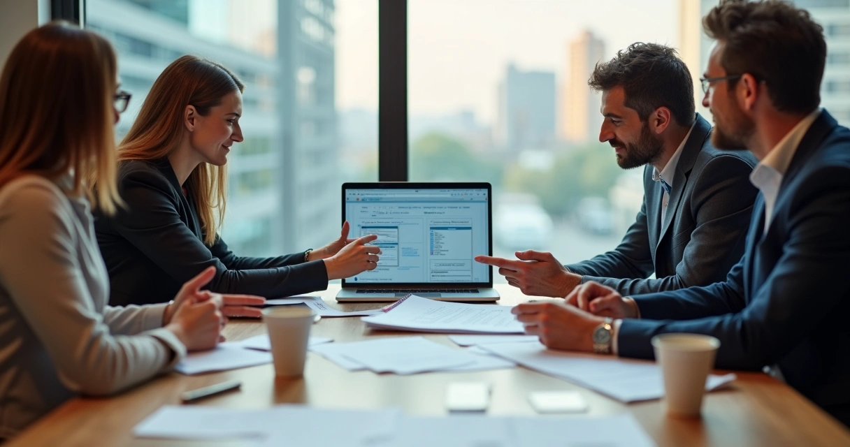 Profissionais em reunião discutem detalhes de projeto de serviço 