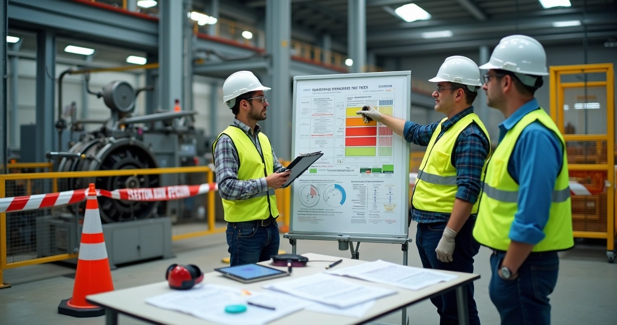 Equipe de segurança reunida em planta industrial avaliando riscos em quadro de APR 