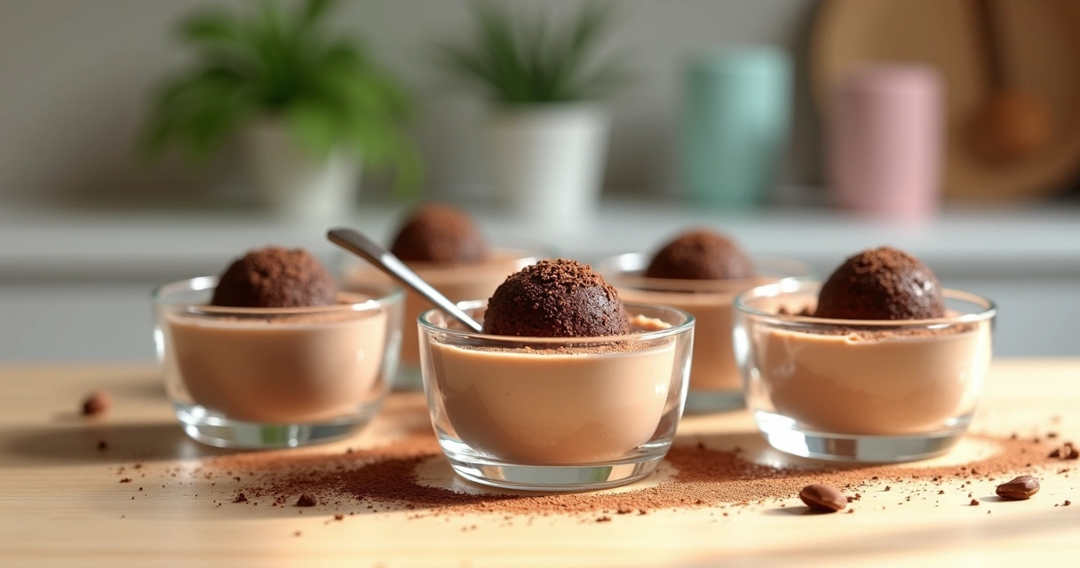 Brigadeiro sem lactose em potinhos de vidro com colher, decorado com cacau em pó e granulado escuro, sobre mesa de madeira clara 