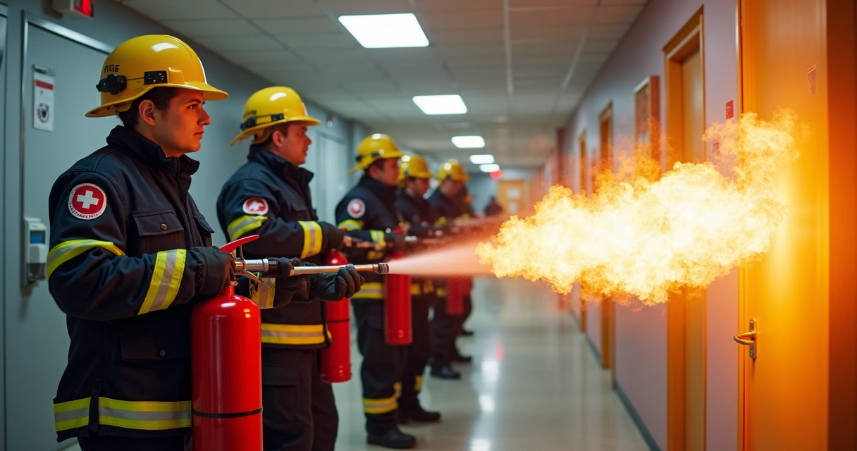 Brigadistas de incêndio utilizando extintores em situação de simulação 