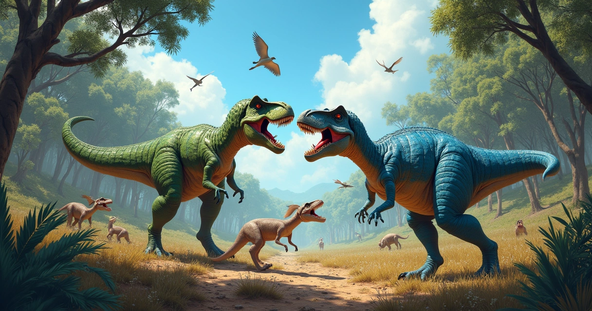 Cena de briga entre T. rex e Velociraptor em um ambiente pré-histórico com dinossauros observadores.