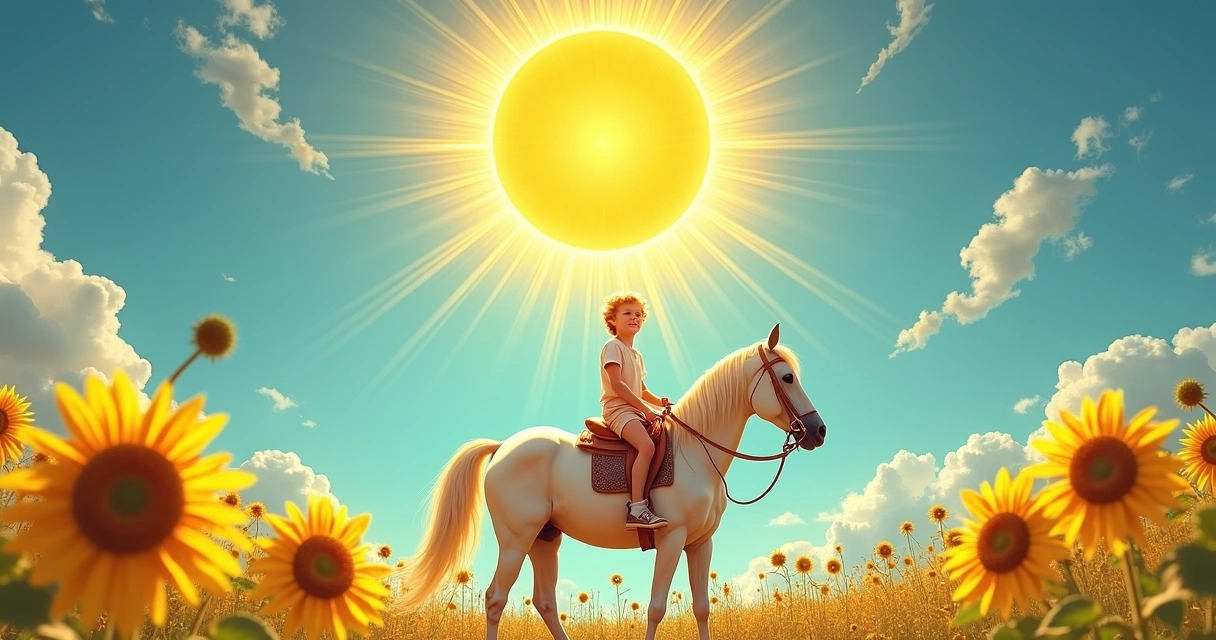The Sun tarot card showing a radiant sun with a child on a white horse beneath vibrant sunflowers under clear blue sky 