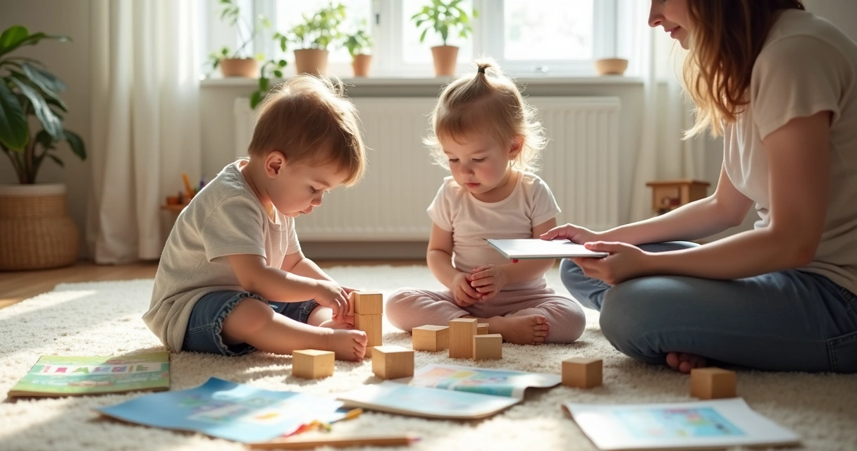 Crianças brincando no chão com blocos e livros em ambiente claro