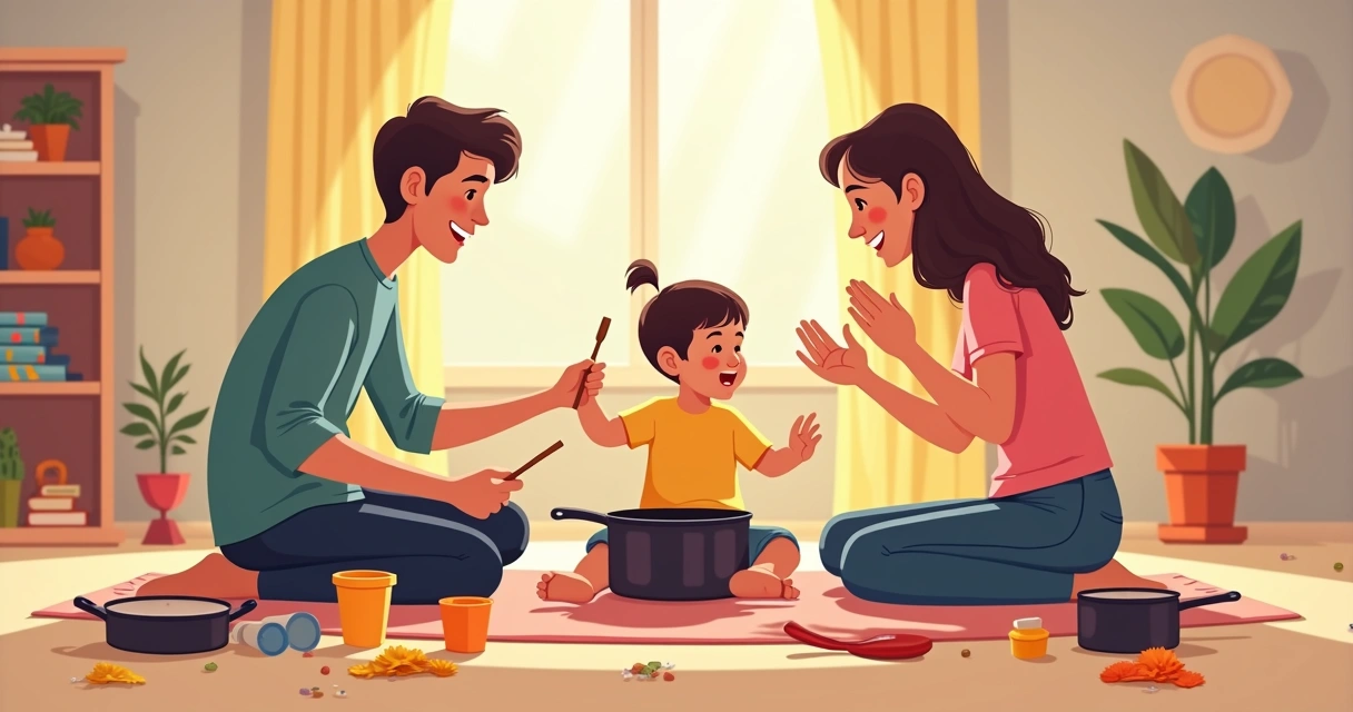 Criança brincando com panelas e colheres ao lado de um adulto 