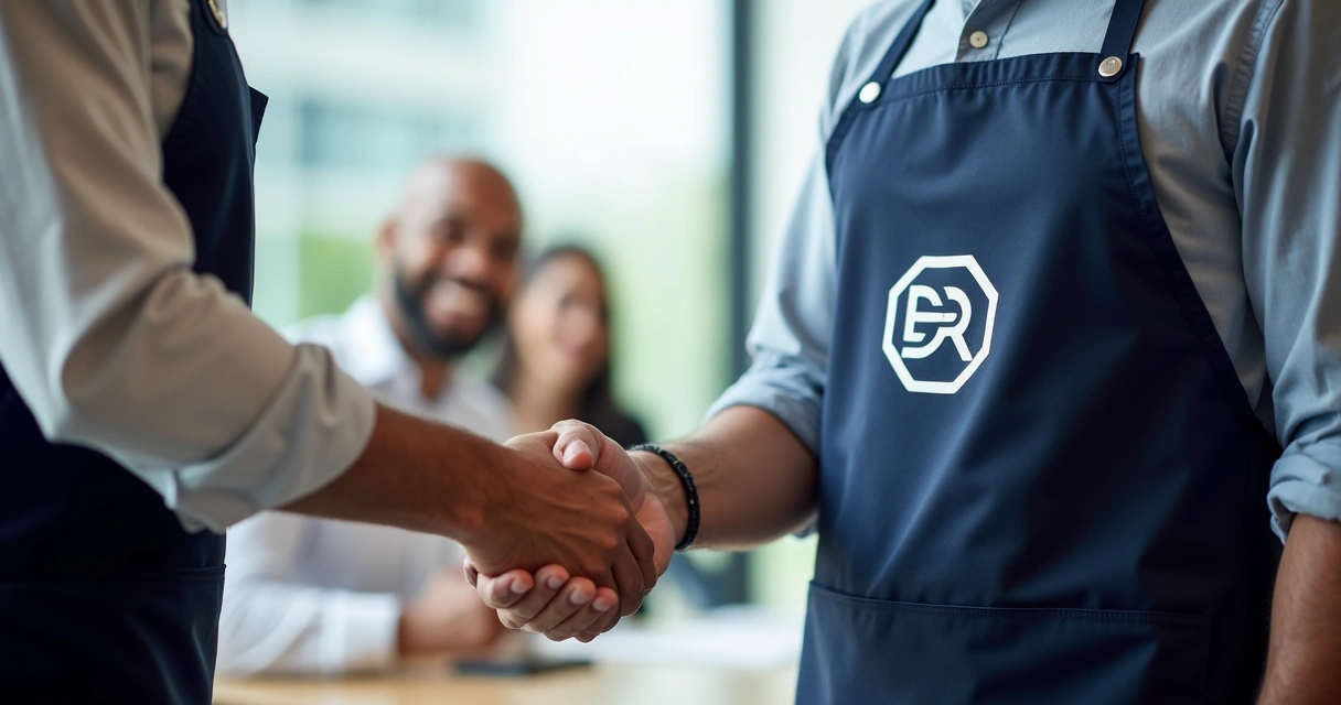 Avental personalizado com logo em reunião corporativa 