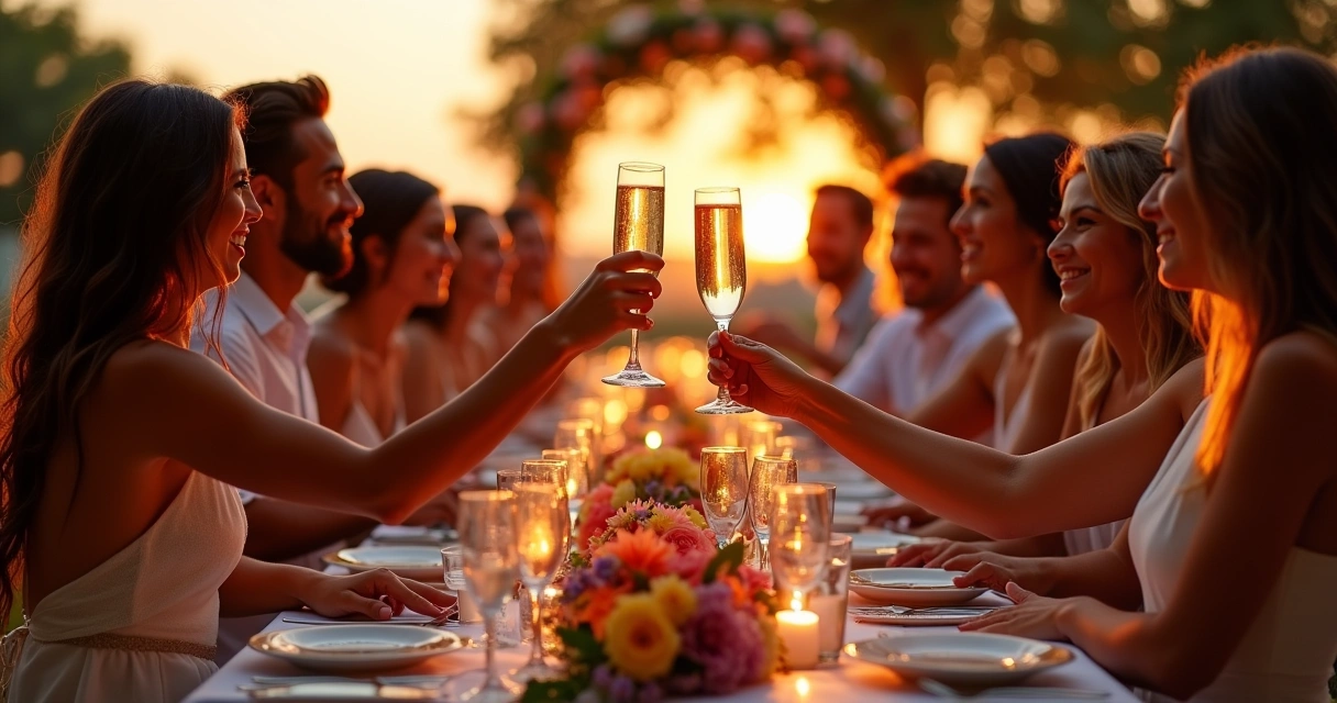 Casal se brinda com espumante em casamento ao ar livre ao entardecer, com convidados ao fundo. Atmosfera alegre e romântica.