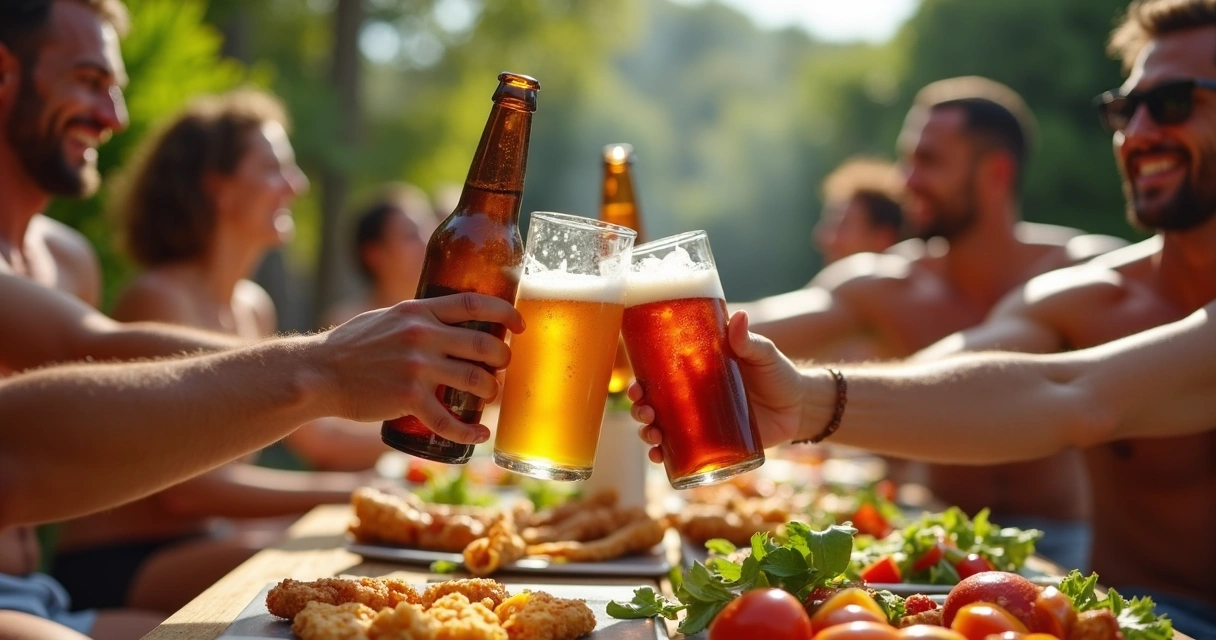 Grupo de amigos brindando com cerveja lata e long neck num churrasco 