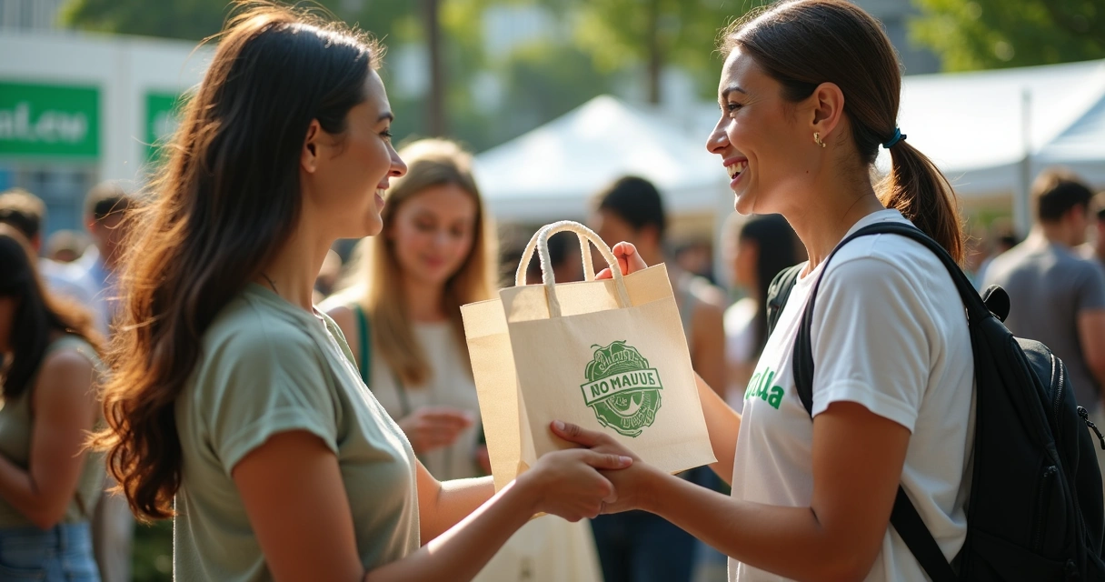 Ecobag sendo entregue como brinde em evento promocional 