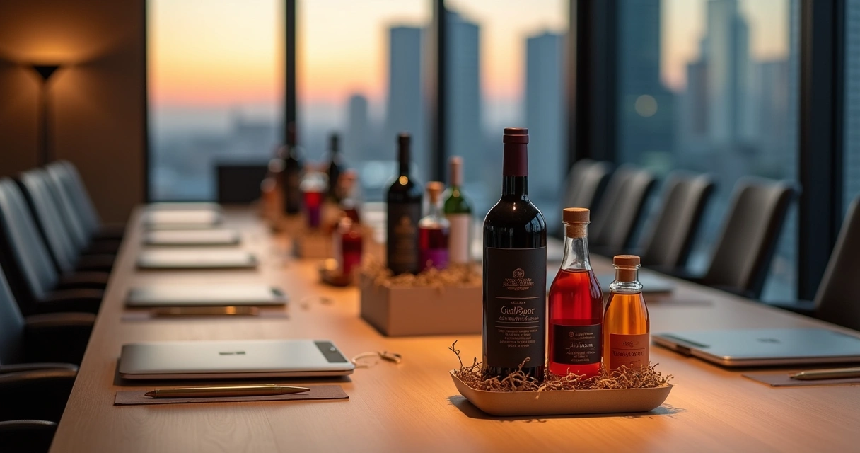 Mesa de reunião com brindes empresariais de bebidas artesanais 