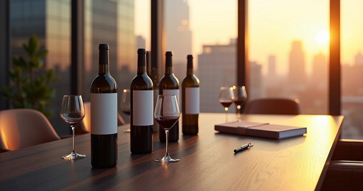 Mesa elegante com garrafas de vinho corporativas personalizadas com rótulos sóbrios 