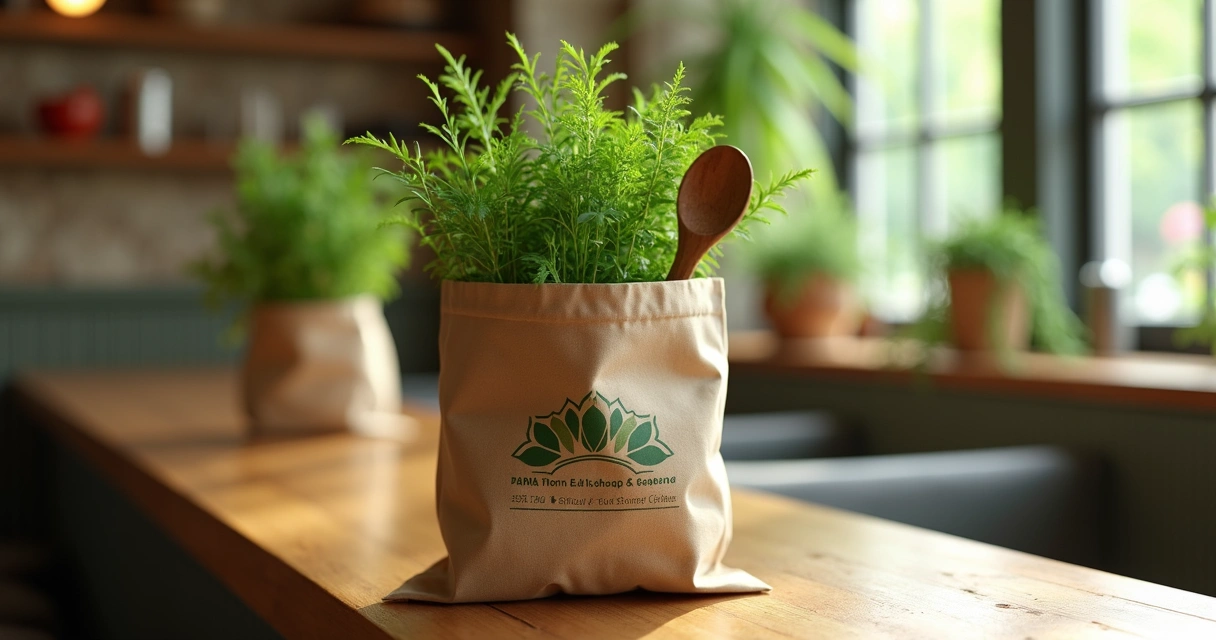 Ecobag personalizada de restaurante com mudinhas e utensílios sustentáveis