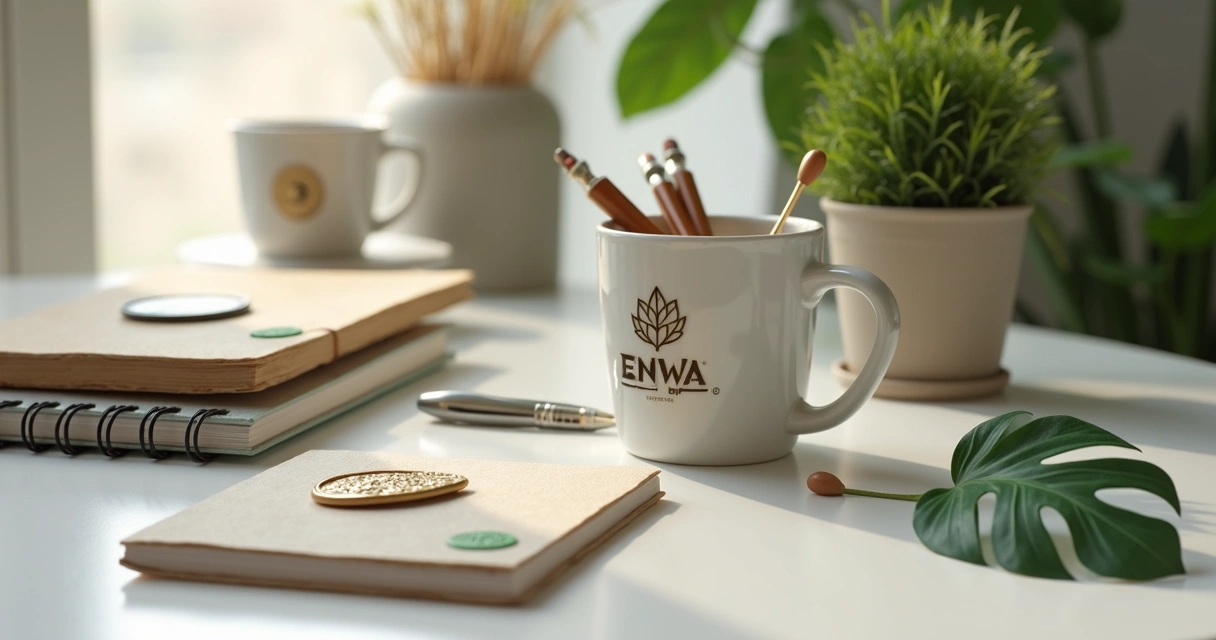 Brindes ecológicos personalizados em uma mesa de escritório 
