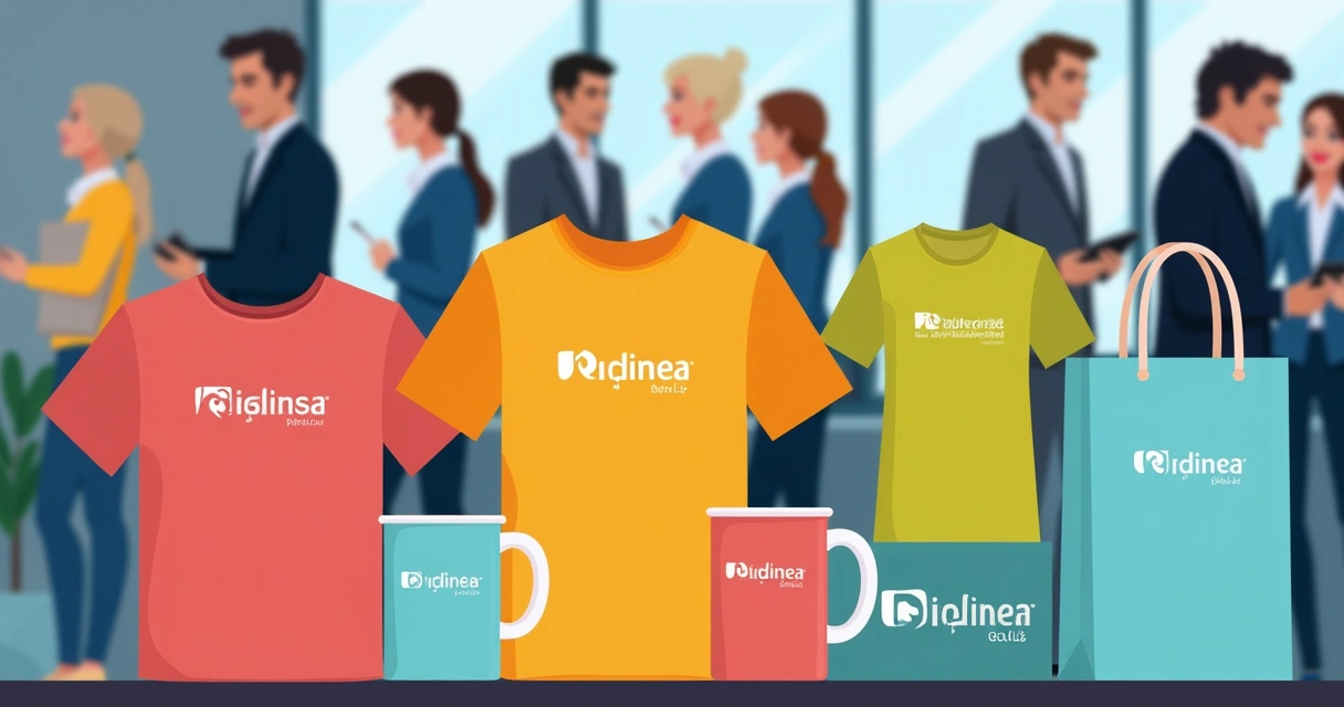 Camisetas, canecas e ecobags personalizadas exibidas como brindes promocionais de empresa 