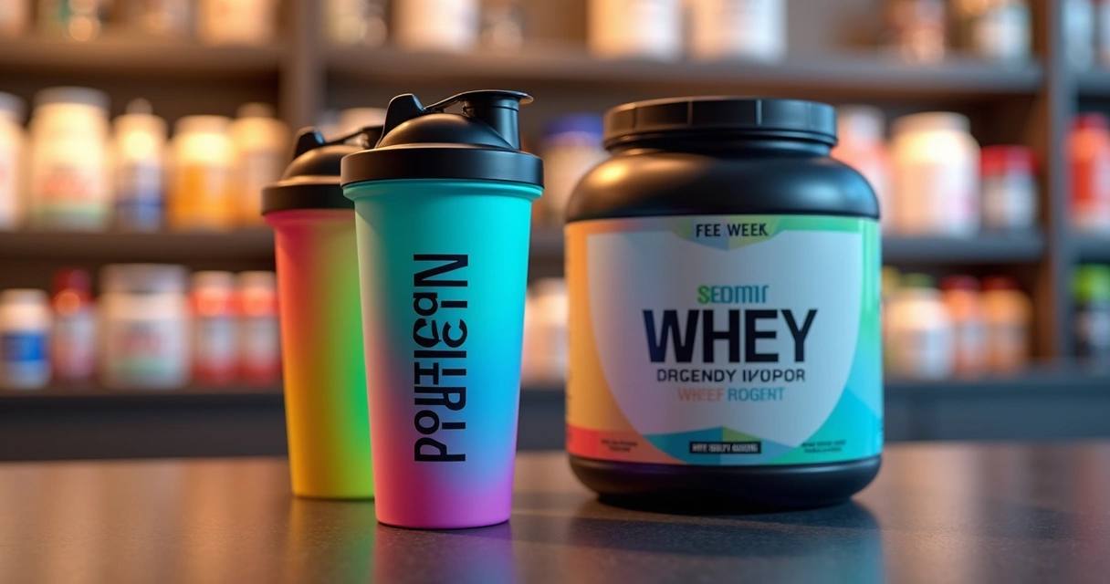 Coqueteleira shaker personalizada ao lado de suplemento de whey em um balcão de loja 