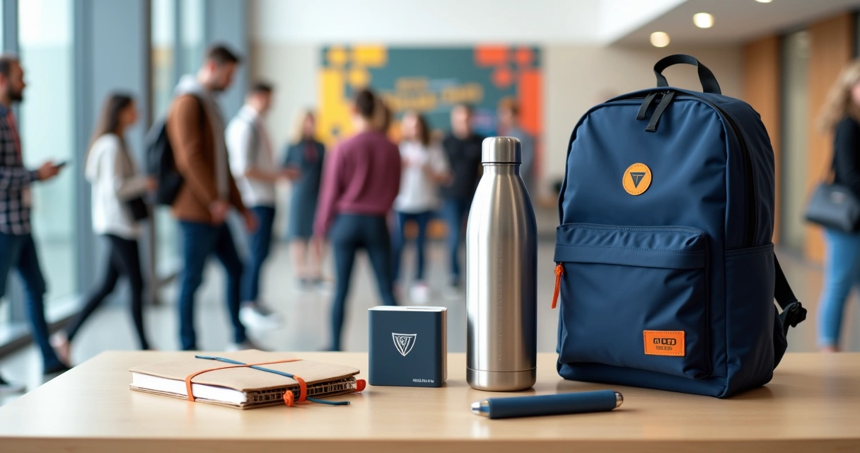 Kit de brindes personalizados universitários sobre uma mesa com alunos ao fundo 