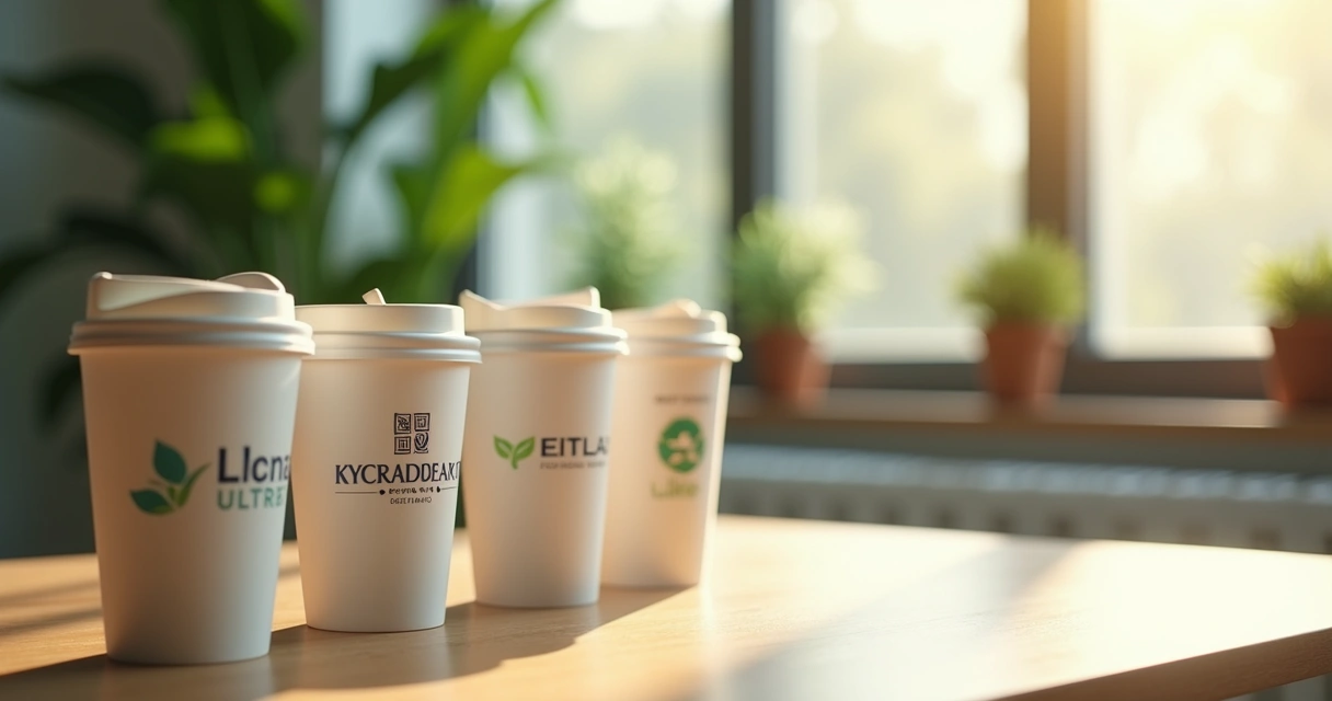 Copos ecológicos personalizados com logo de empresa em mesa moderna 