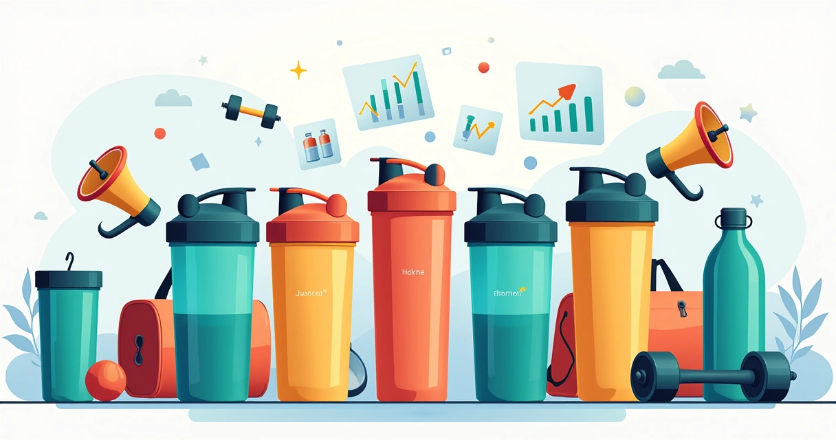 Coqueteleiras personalizadas coloridas em exibição com elementos fitness corporativos ilustrados ao fundo 