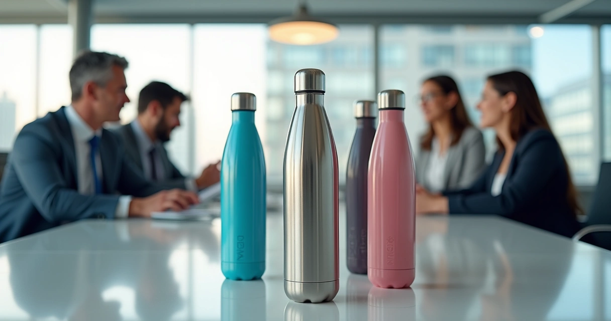 Garrafas de inox personalizadas com logotipo de empresa sobre mesa de reunião