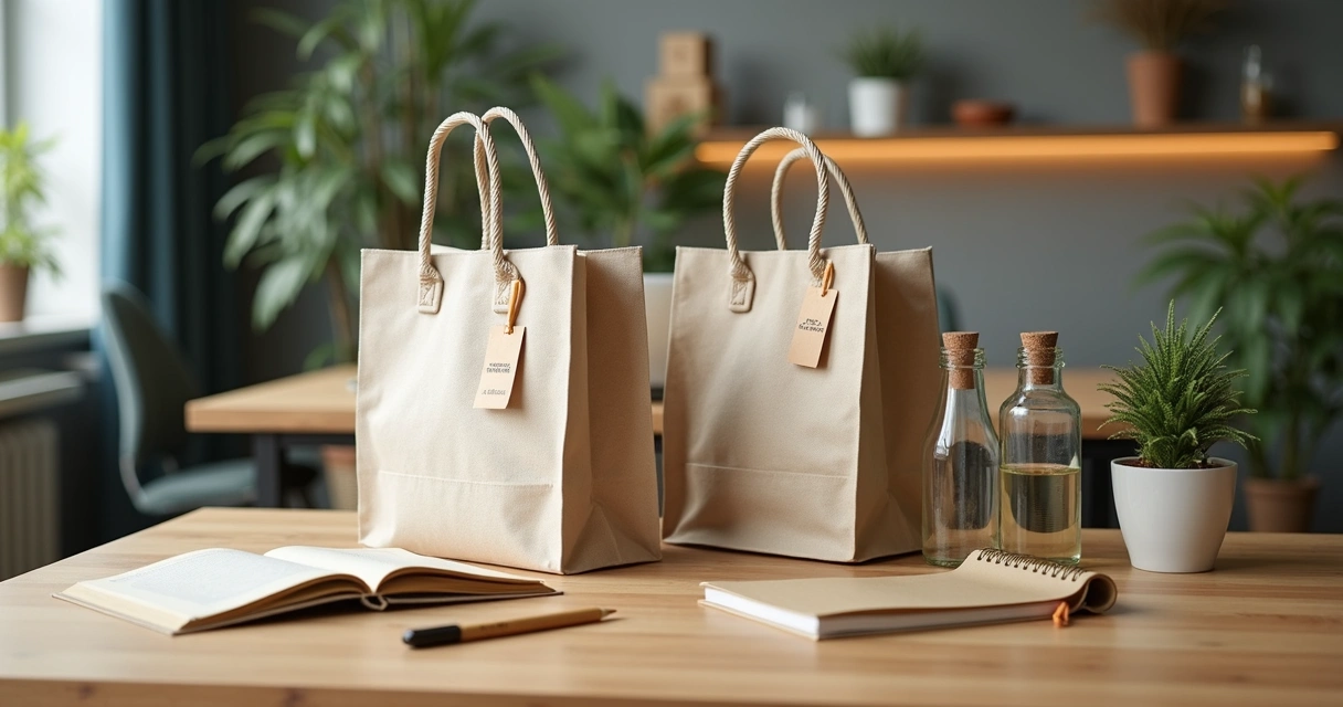 Brindes corporativos ecológicos distribuídos em uma mesa de escritório 