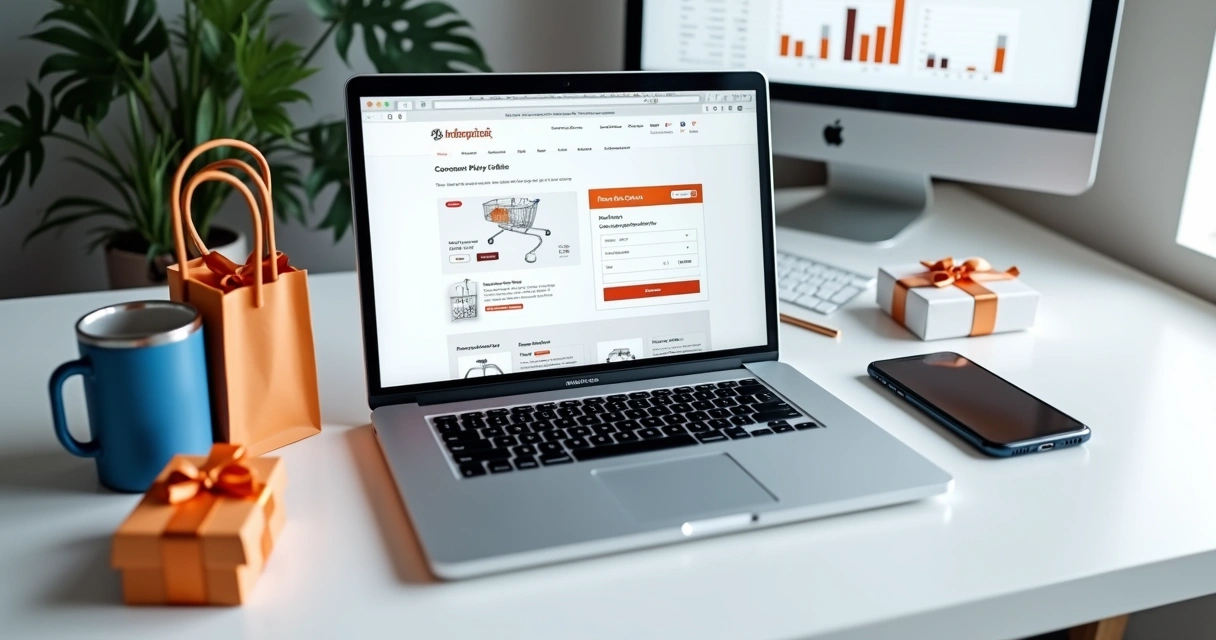 Tela de loja virtual com carrinho de compras exibindo brindes e cupons de desconto 