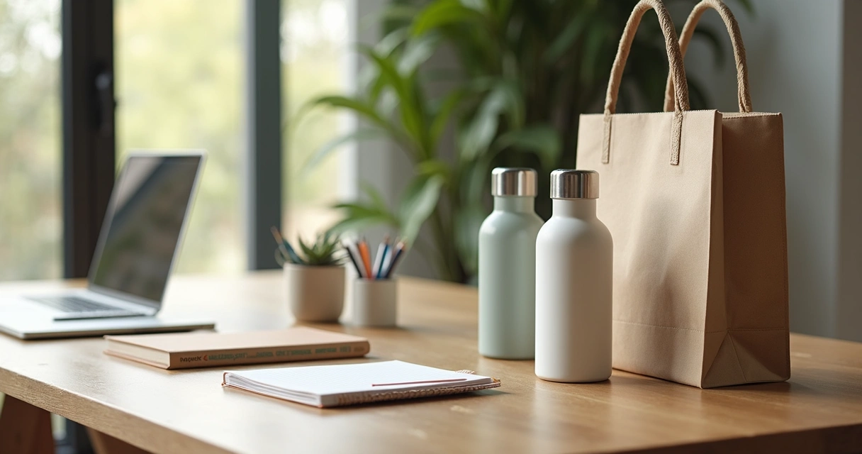 Brindes ecológicos personalizados em mesa de escritório 