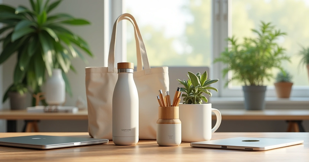 Brindes ecológicos personalizados dispostos sobre uma mesa 