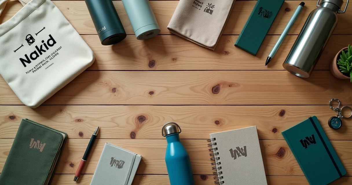 Diversos brindes personalizados para eventos em mesa de madeira. 