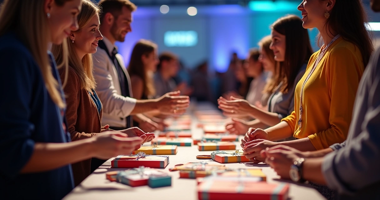 Vários brindes coloridos sobre uma mesa branca 