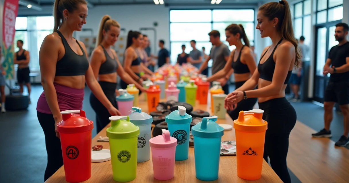 Coqueteleiras personalizadas distribuídas em evento fitness 